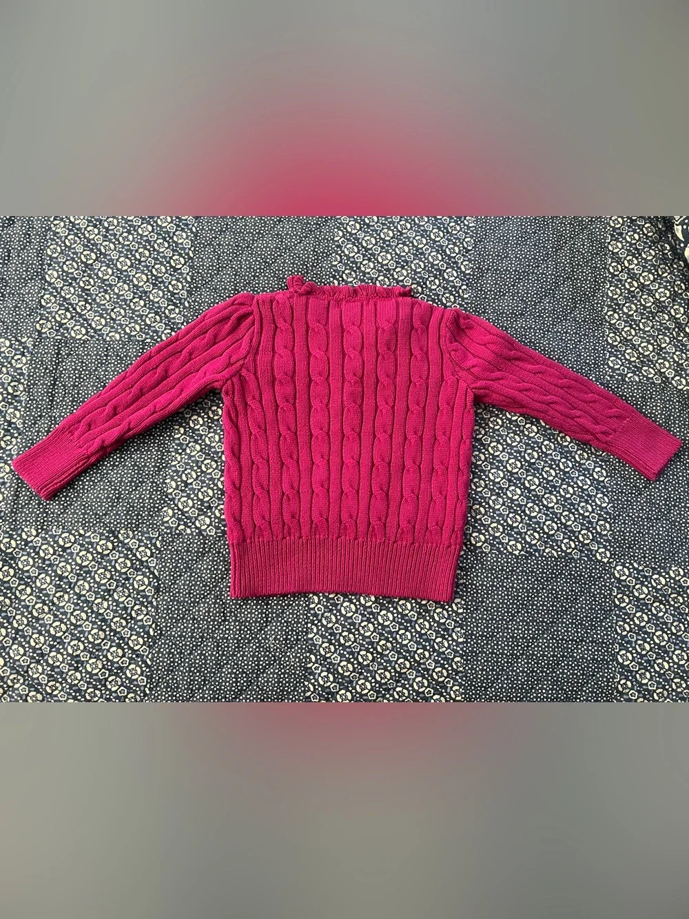 Ralph Lauren Girls' Ruffled V-Neck Cable Knit Sweater in Fuchsia 24Months